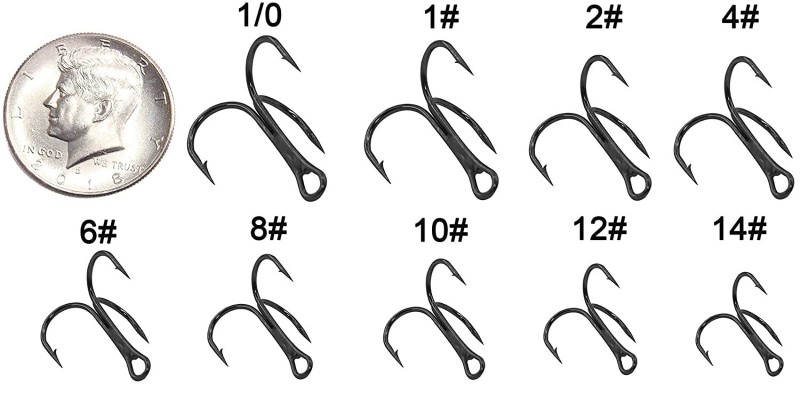 Comparing the various treble hook sizes to a dime