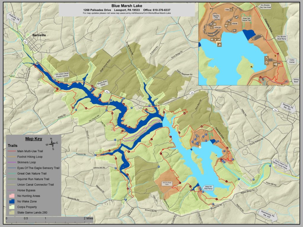 Map of Blue Marsh Lake in Pennsylvania with trails marked and toilet facilities