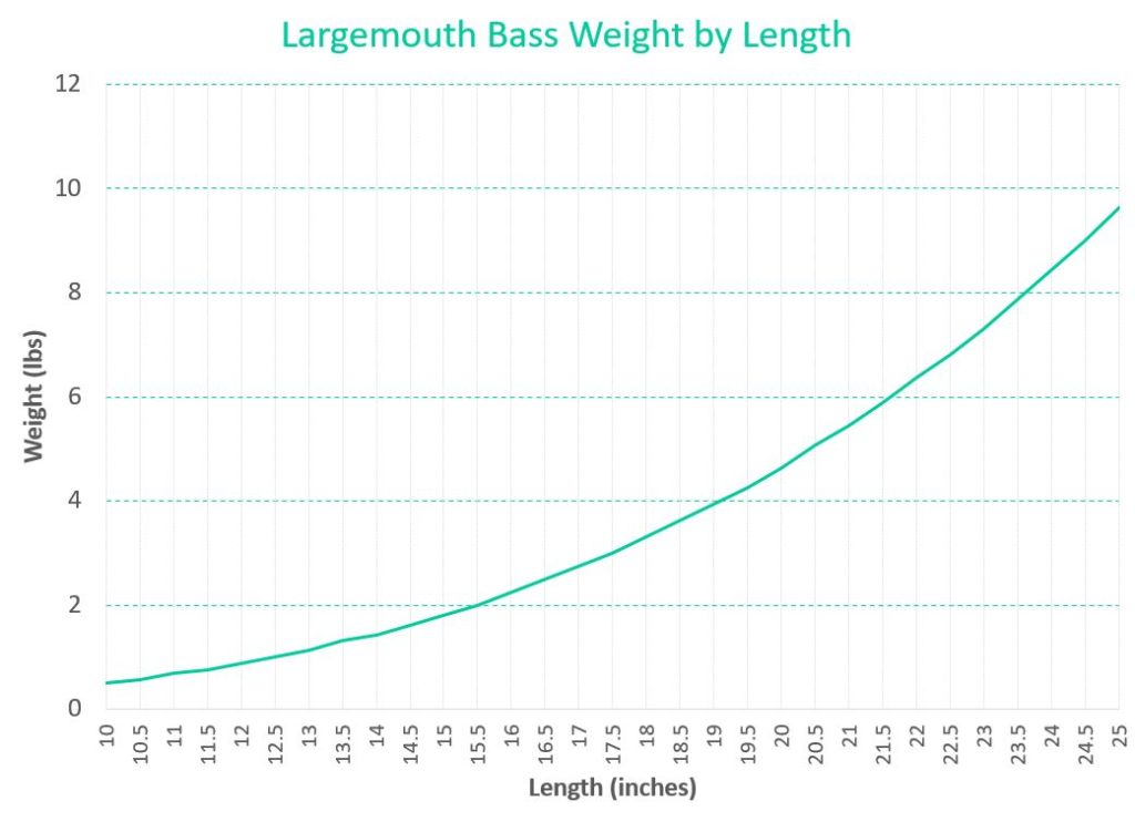A chart showing the relationship and how to calculate a largemouth bass weight by length